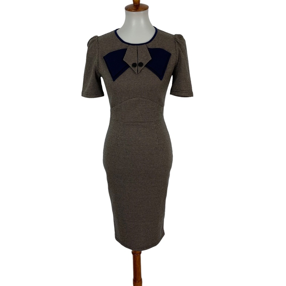 Vfemage Knit Dress Small Brown Blue Short Sleeve NWT Bodycon Office Vintage